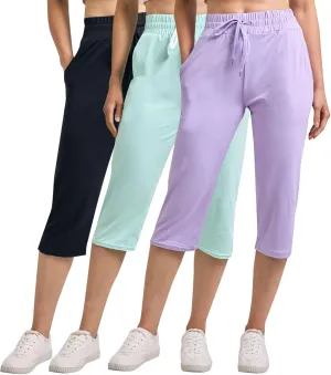 Real Essentials 3-Pack: Women's Capri Open Bottom Soft Sweatpants with Drawstring (Available in Plus Size)