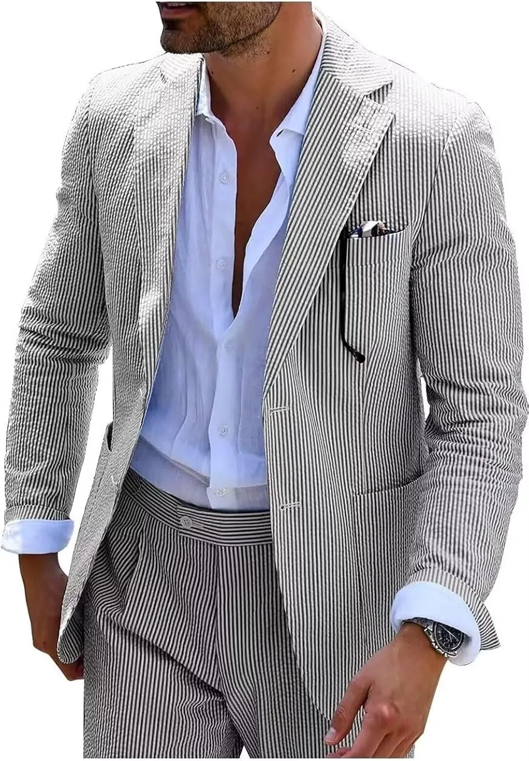 Seersucker Slim Suits for Men Formal Casul Summer Beach Wedding Grooms 2 Piece Blazer Pants Party Striped Suit Sets