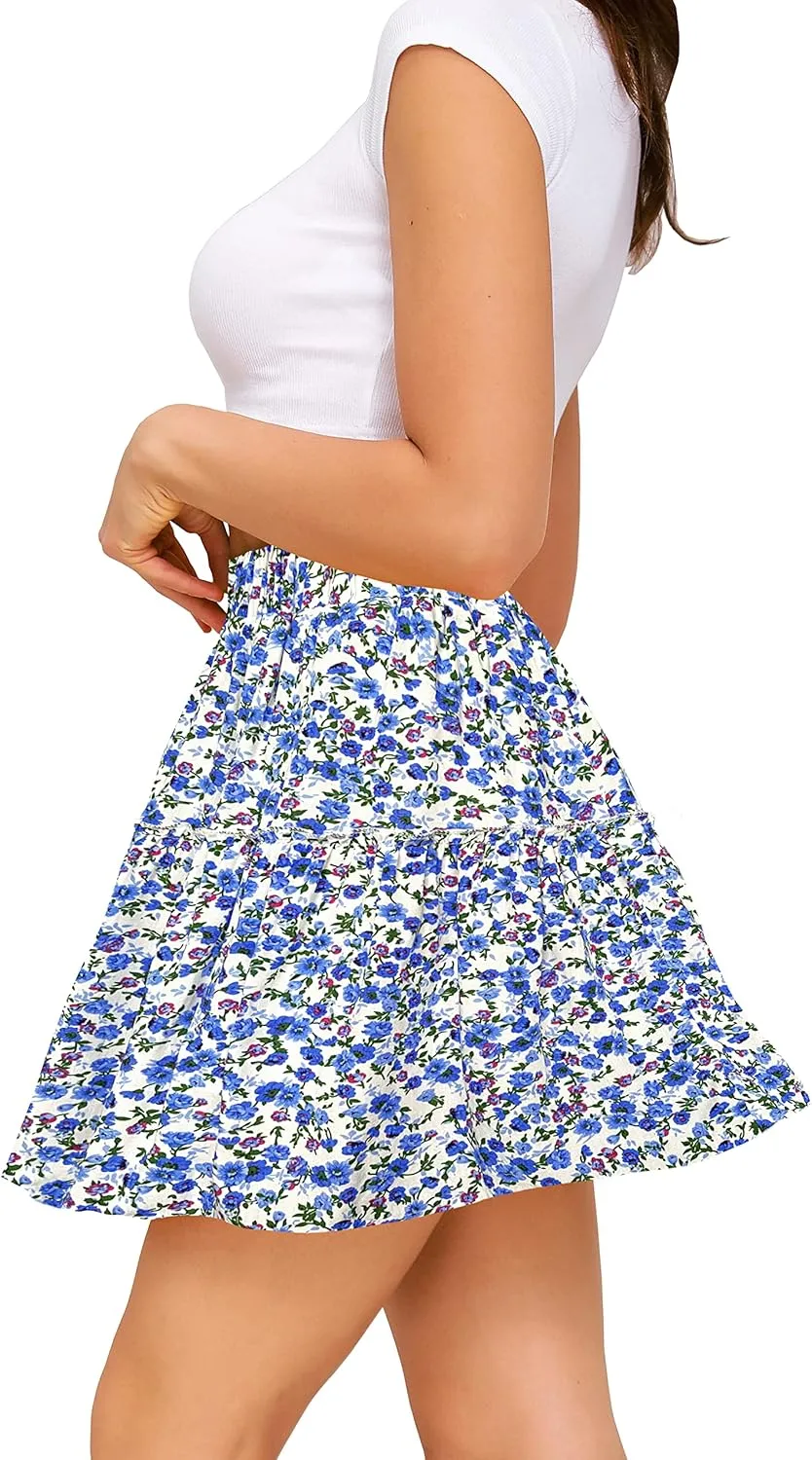 Sinono Women's Summer High Waist Ruffle Floral Print Swing A Line Pleated Beach Mini Skirt