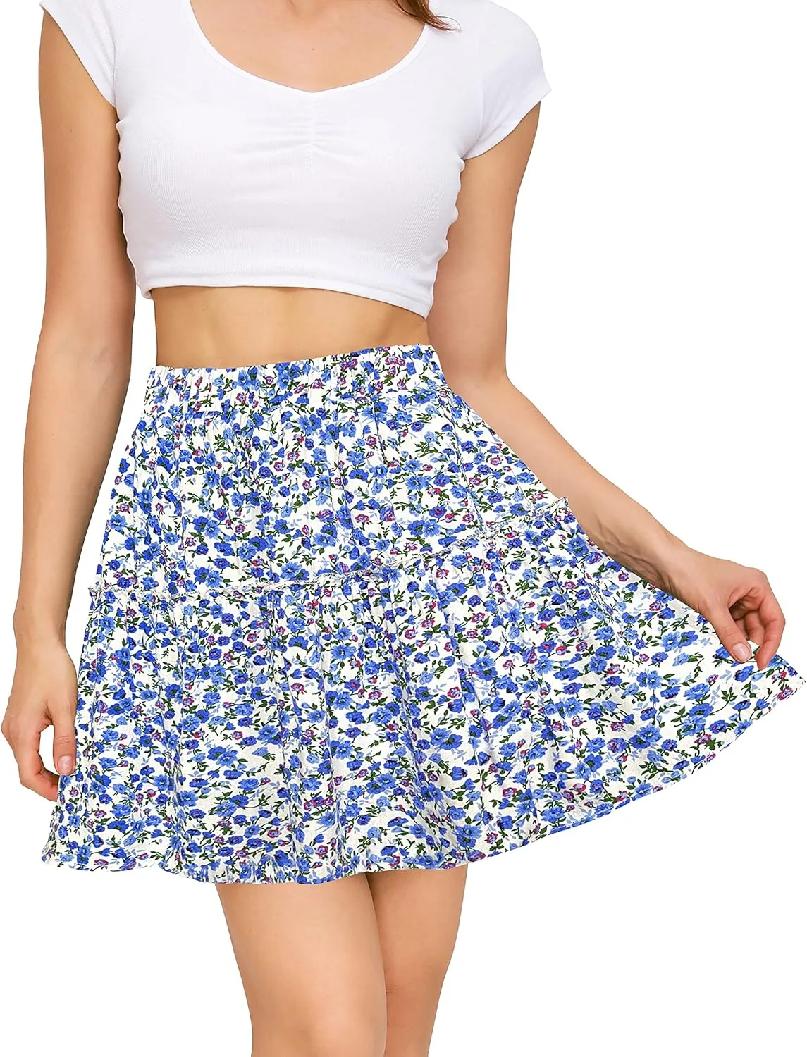 Sinono Women's Summer High Waist Ruffle Floral Print Swing A Line Pleated Beach Mini Skirt