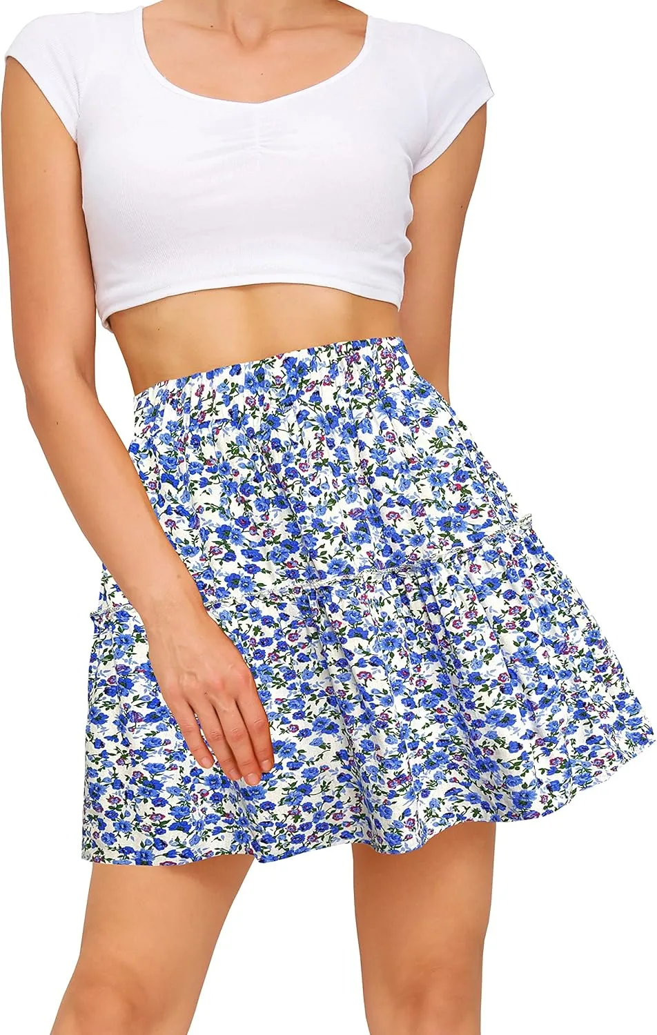 Sinono Women's Summer High Waist Ruffle Floral Print Swing A Line Pleated Beach Mini Skirt