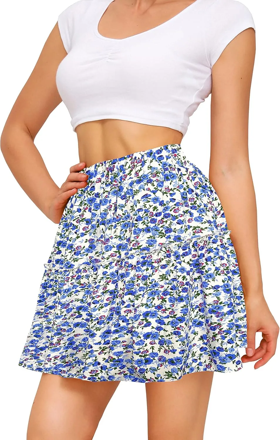 Sinono Women's Summer High Waist Ruffle Floral Print Swing A Line Pleated Beach Mini Skirt