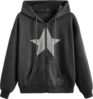 SOLY HUX Women's Zip Up Y2k Hoodies Jacket Star Print Graphic Drawstring Long Sleeve Sweatshirt