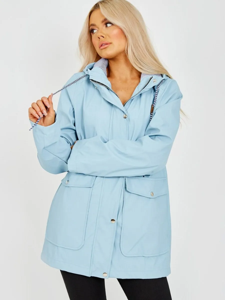 Sonia PU Coated Hooded Rain Mac In Blue