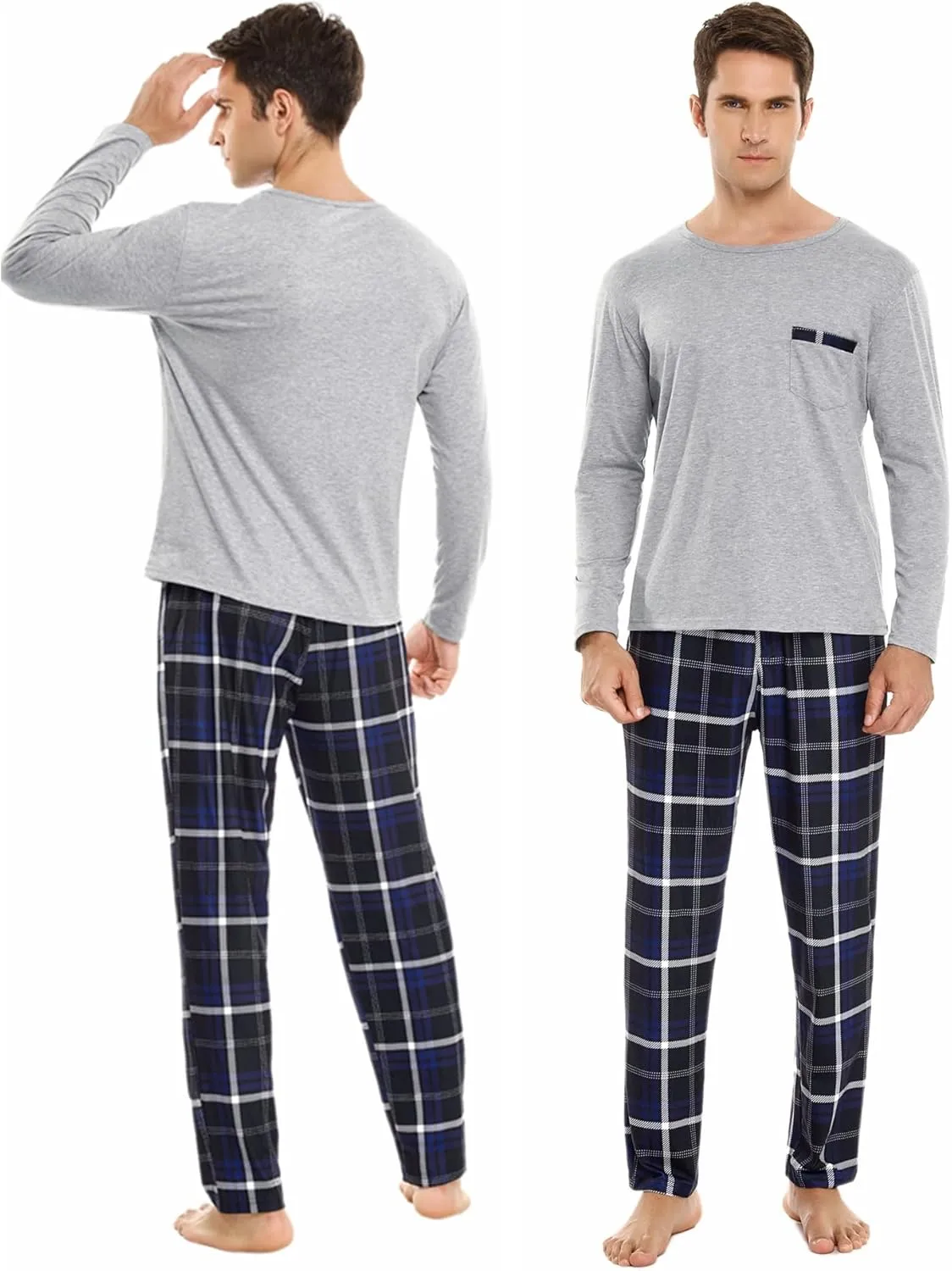 Sykooria Men's Pajamas Set Long Sleeve Cotton Plaid Loungewear Comfy Striped Sleepwear with Pockets 2 Piece Comfy Pjs Set