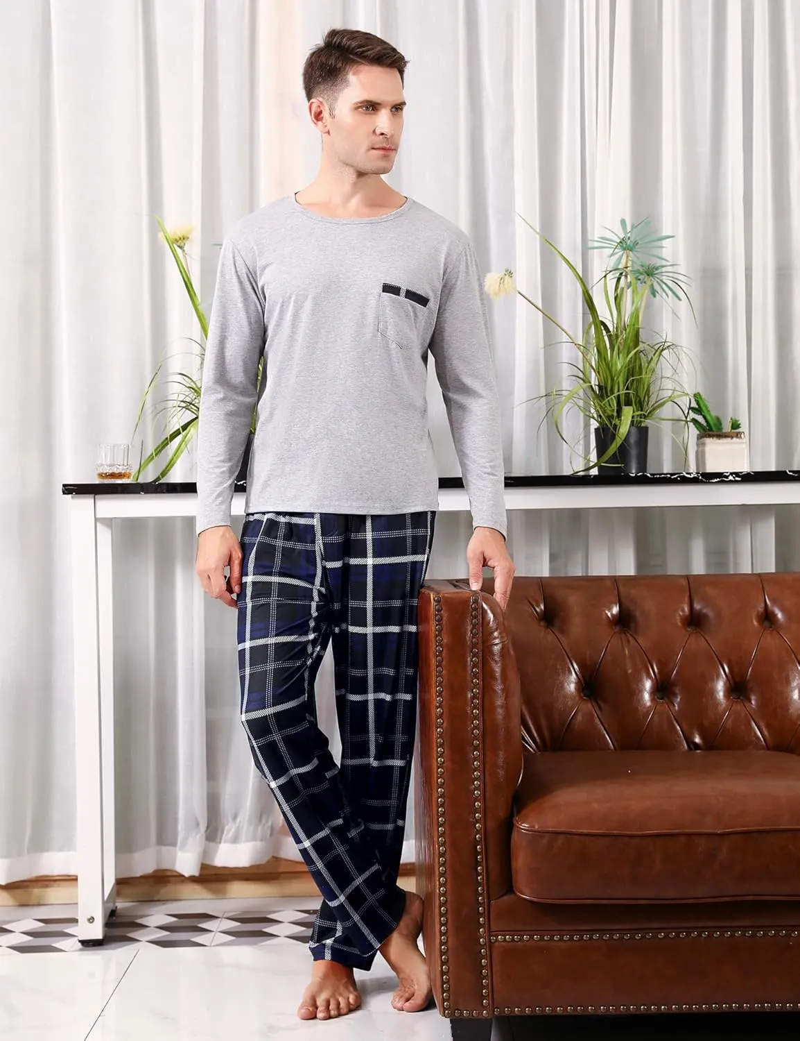 Sykooria Men's Pajamas Set Long Sleeve Cotton Plaid Loungewear Comfy Striped Sleepwear with Pockets 2 Piece Comfy Pjs Set