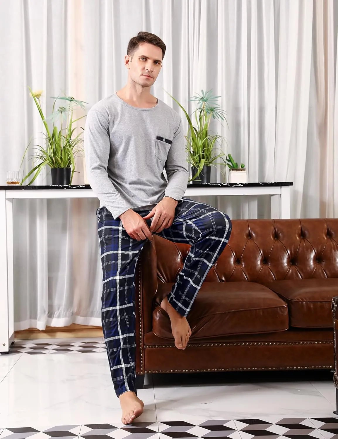 Sykooria Men's Pajamas Set Long Sleeve Cotton Plaid Loungewear Comfy Striped Sleepwear with Pockets 2 Piece Comfy Pjs Set