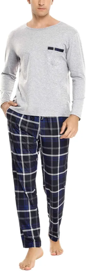 Sykooria Men's Pajamas Set Long Sleeve Cotton Plaid Loungewear Comfy Striped Sleepwear with Pockets 2 Piece Comfy Pjs Set