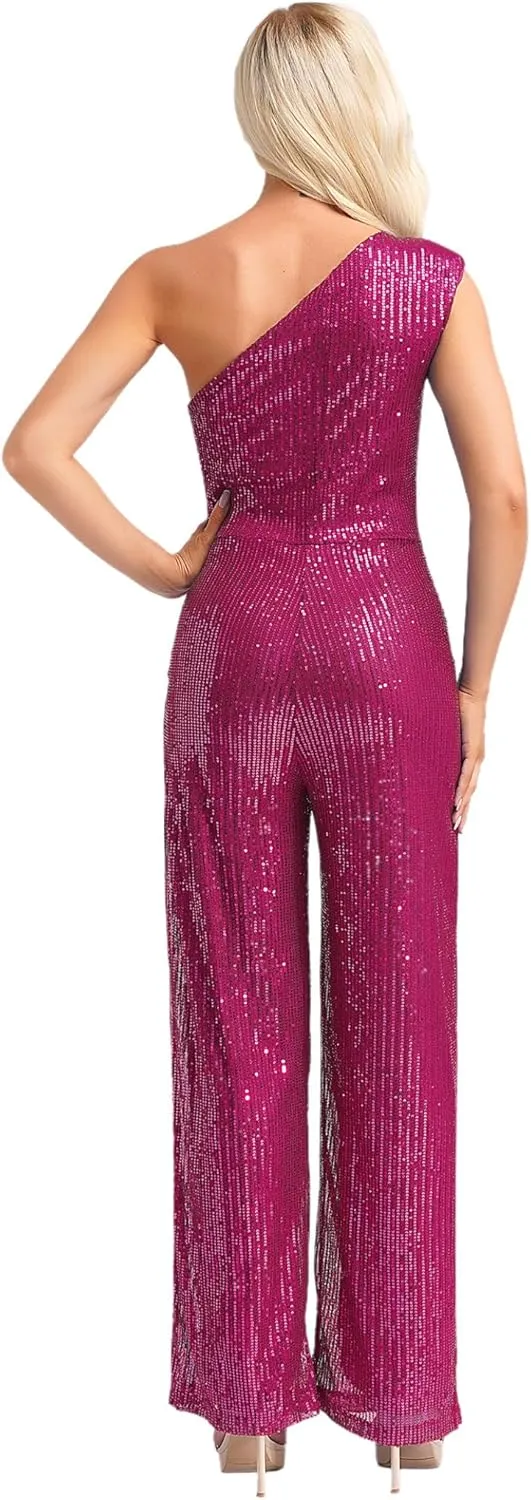 Sywiyi Women Sequin Romper Dressy Casual One-Piece One Shoulder Sleeveless Wide Leg Long Pant Party Jumpsuits