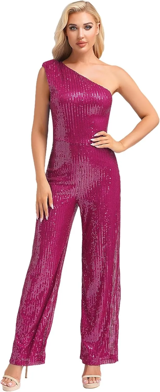 Sywiyi Women Sequin Romper Dressy Casual One-Piece One Shoulder Sleeveless Wide Leg Long Pant Party Jumpsuits