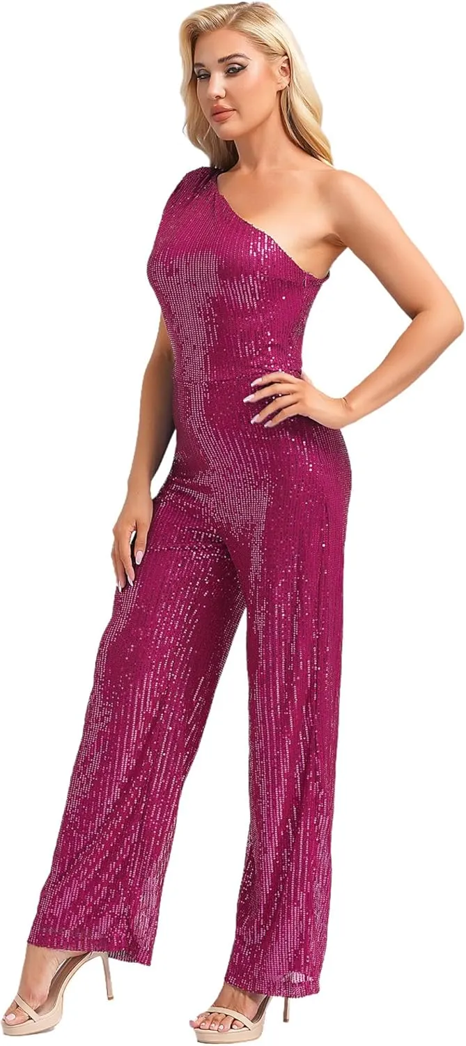 Sywiyi Women Sequin Romper Dressy Casual One-Piece One Shoulder Sleeveless Wide Leg Long Pant Party Jumpsuits