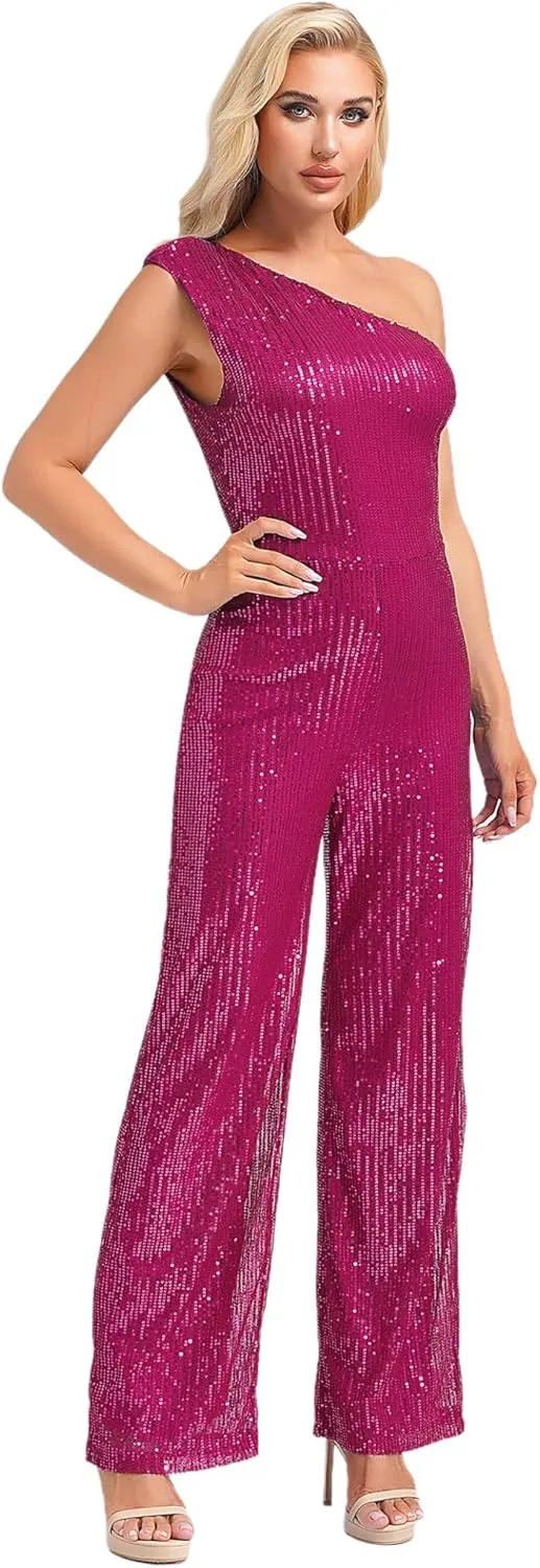 Sywiyi Women Sequin Romper Dressy Casual One-Piece One Shoulder Sleeveless Wide Leg Long Pant Party Jumpsuits