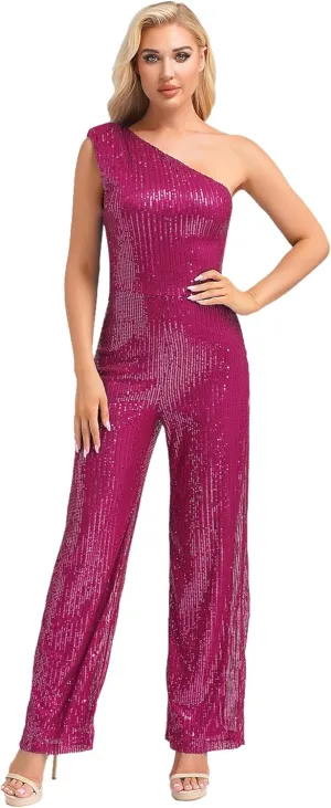 Sywiyi Women Sequin Romper Dressy Casual One-Piece One Shoulder Sleeveless Wide Leg Long Pant Party Jumpsuits
