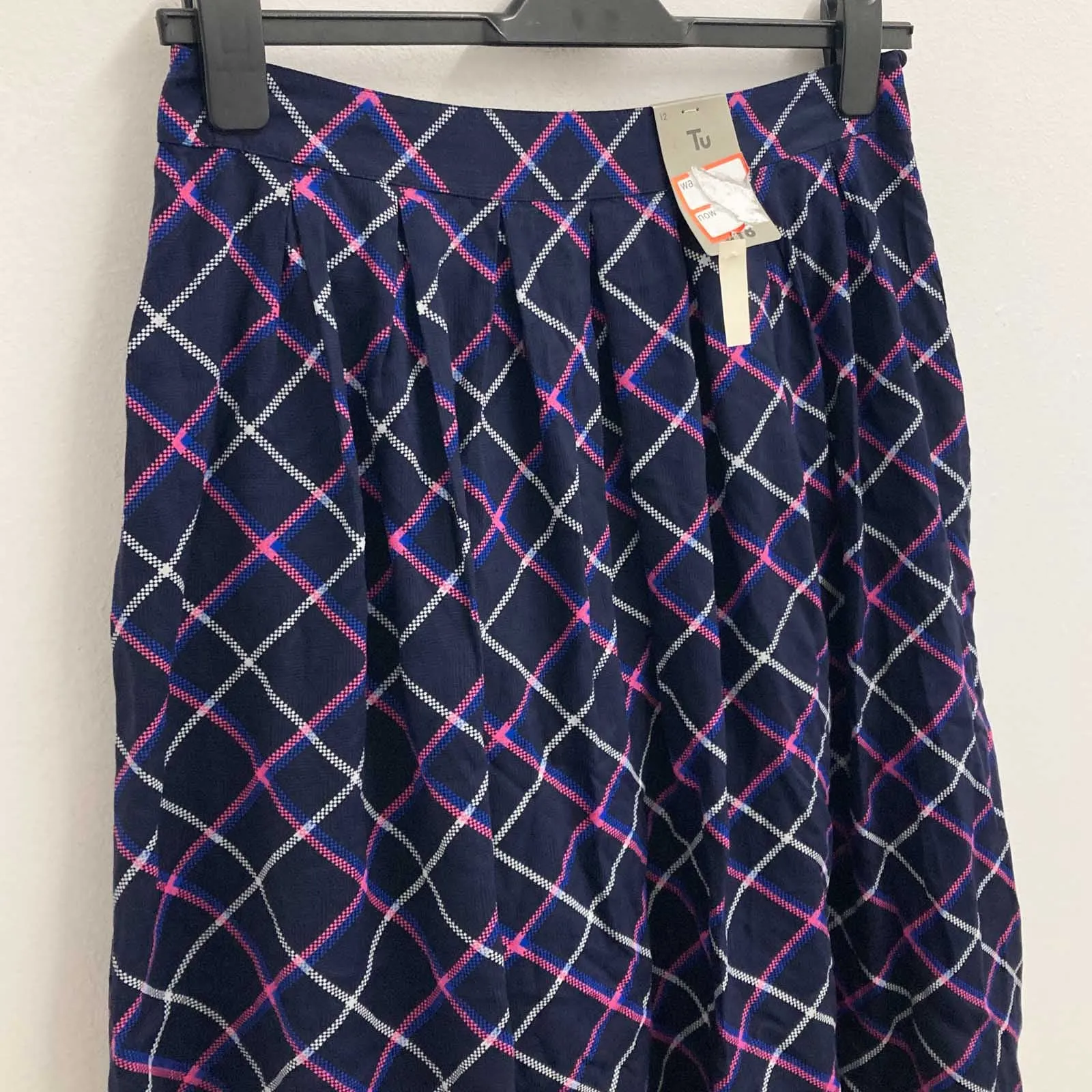 TU Skirt UK 12 Navy & Pink Print Flared Knee Length