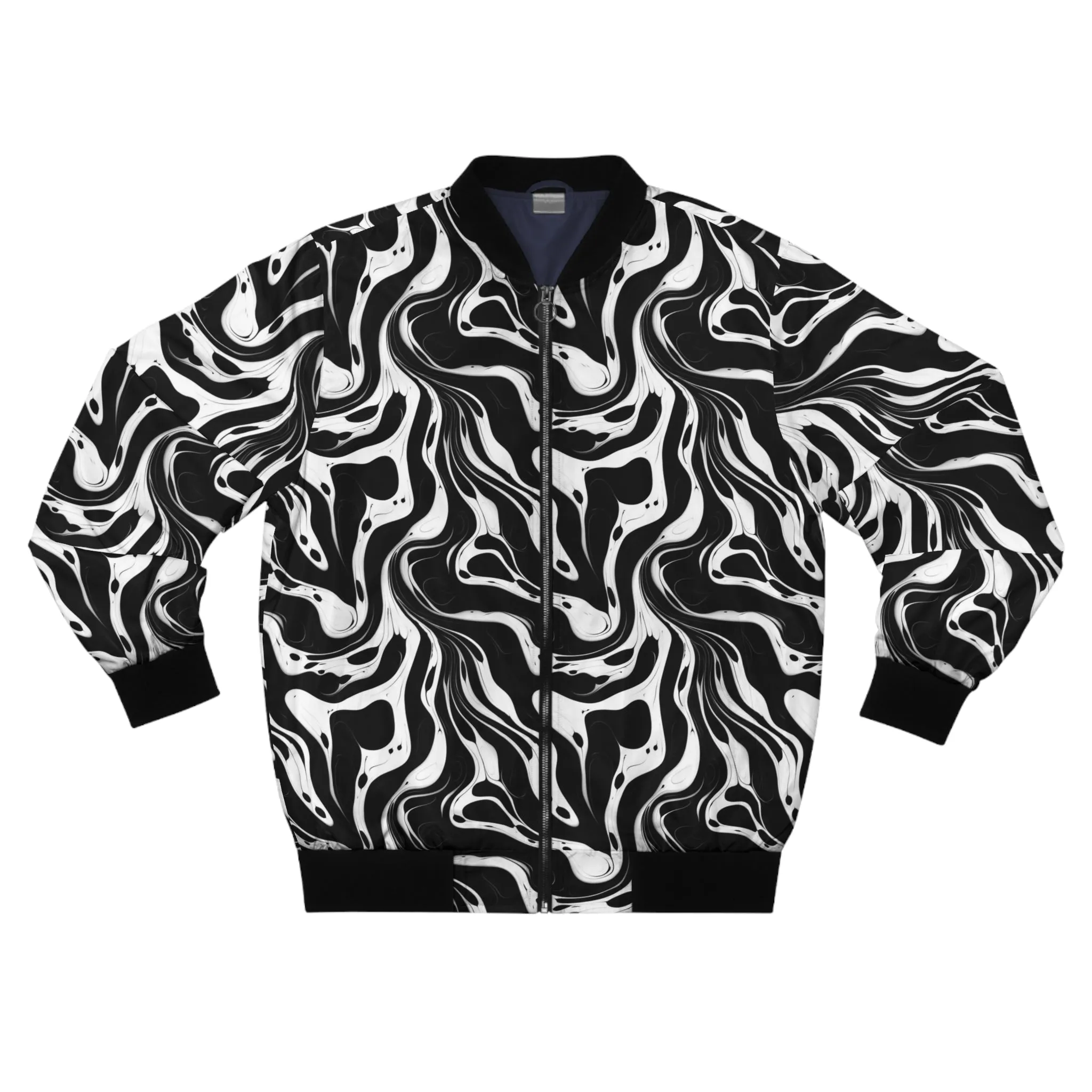 Wavy Distorted Black and White Ink Pattern Lightweight Bomber Jacket