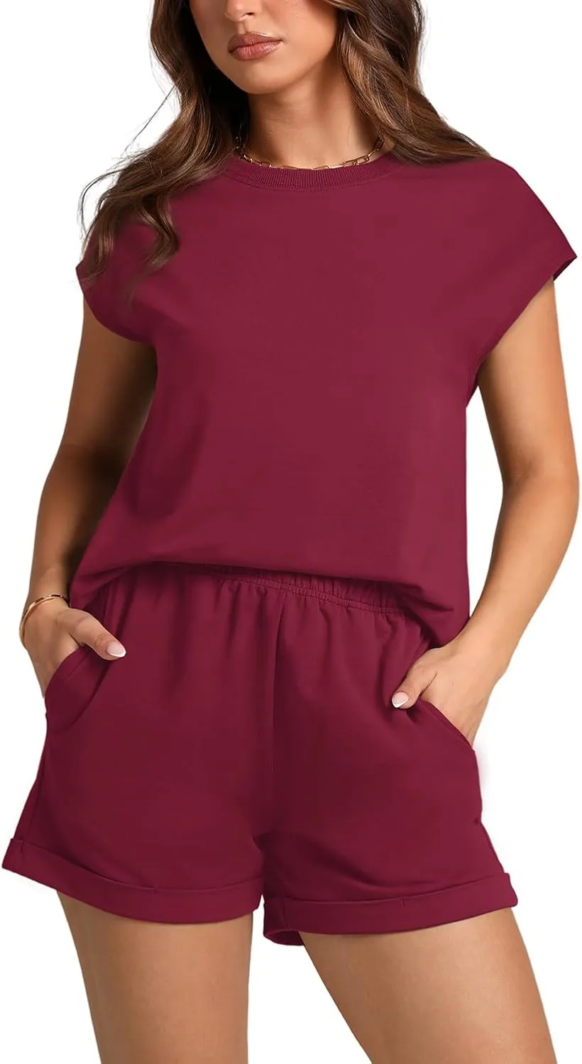 WIHOLL 2 Piece Sets for Women Casual Summer Travel Vacation Outfits Cap Sleeve Shorts Lounge Set