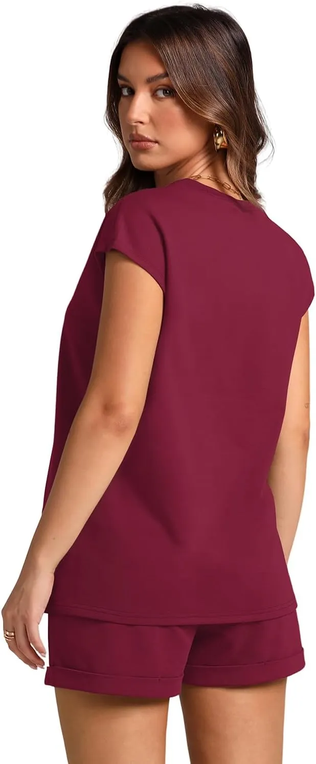 WIHOLL 2 Piece Sets for Women Casual Summer Travel Vacation Outfits Cap Sleeve Shorts Lounge Set