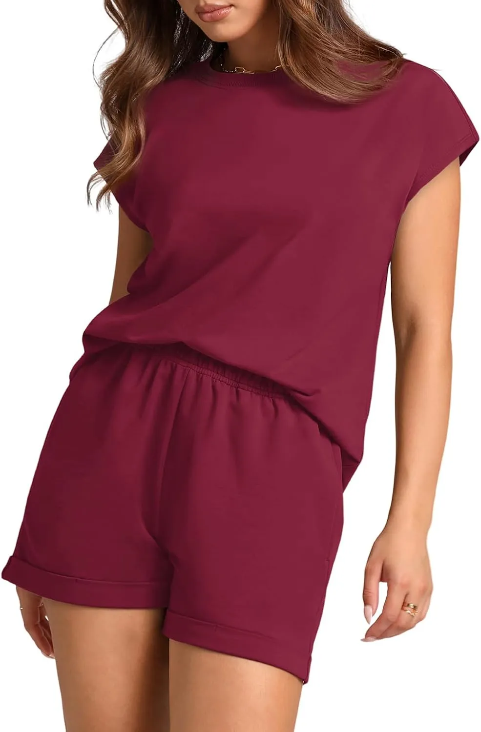 WIHOLL 2 Piece Sets for Women Casual Summer Travel Vacation Outfits Cap Sleeve Shorts Lounge Set