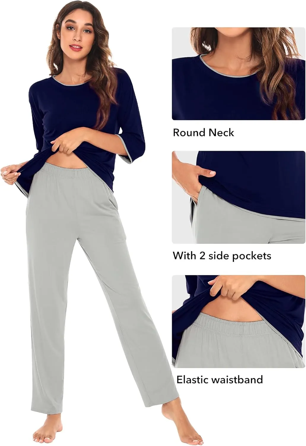 WiWi Womens 3/4 Sleeve Pajamas Set Soft Bamboo Viscose Top with Pants Sleepwear Plus Size Lightweight Pjs S-4X