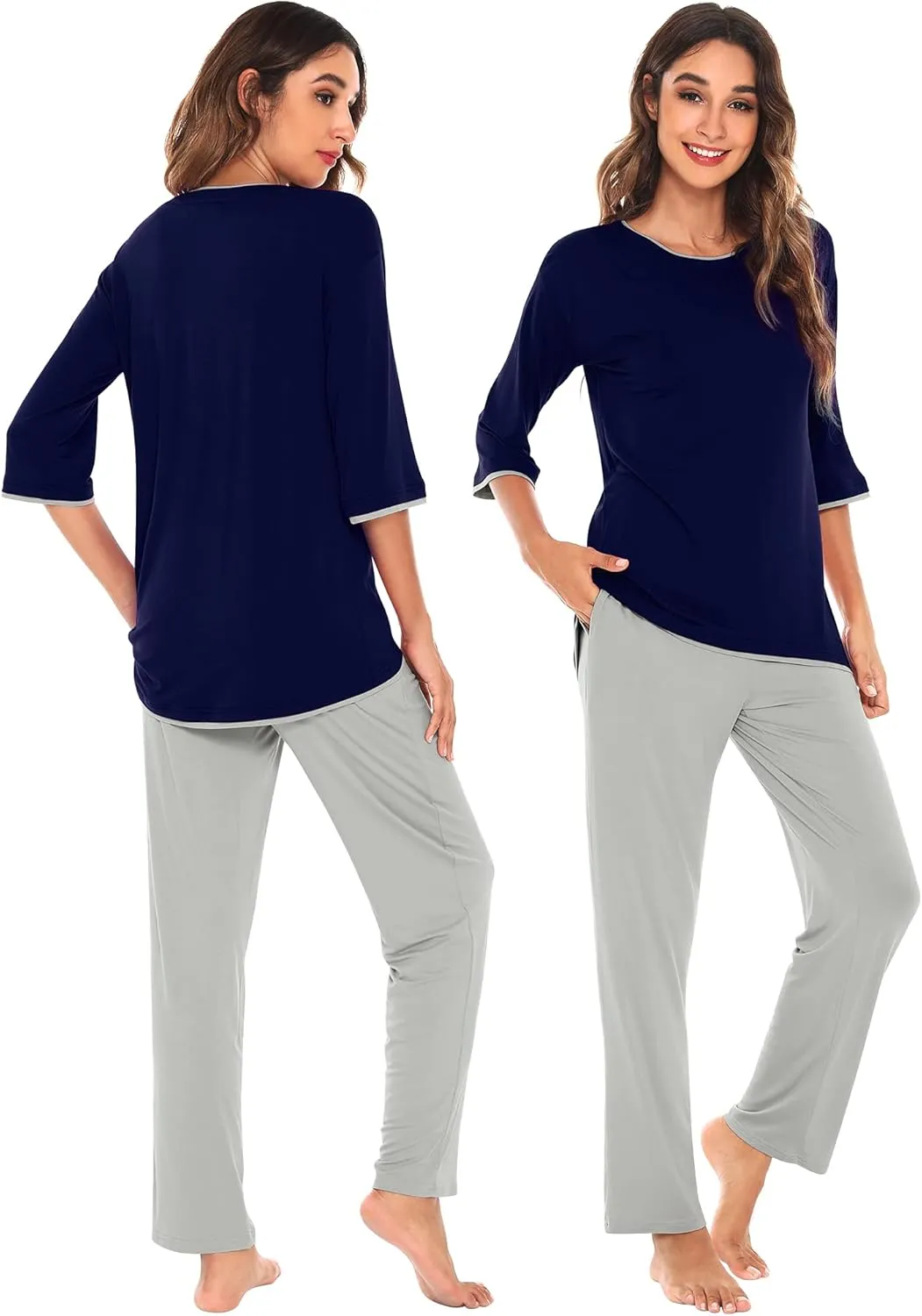 WiWi Womens 3/4 Sleeve Pajamas Set Soft Bamboo Viscose Top with Pants Sleepwear Plus Size Lightweight Pjs S-4X