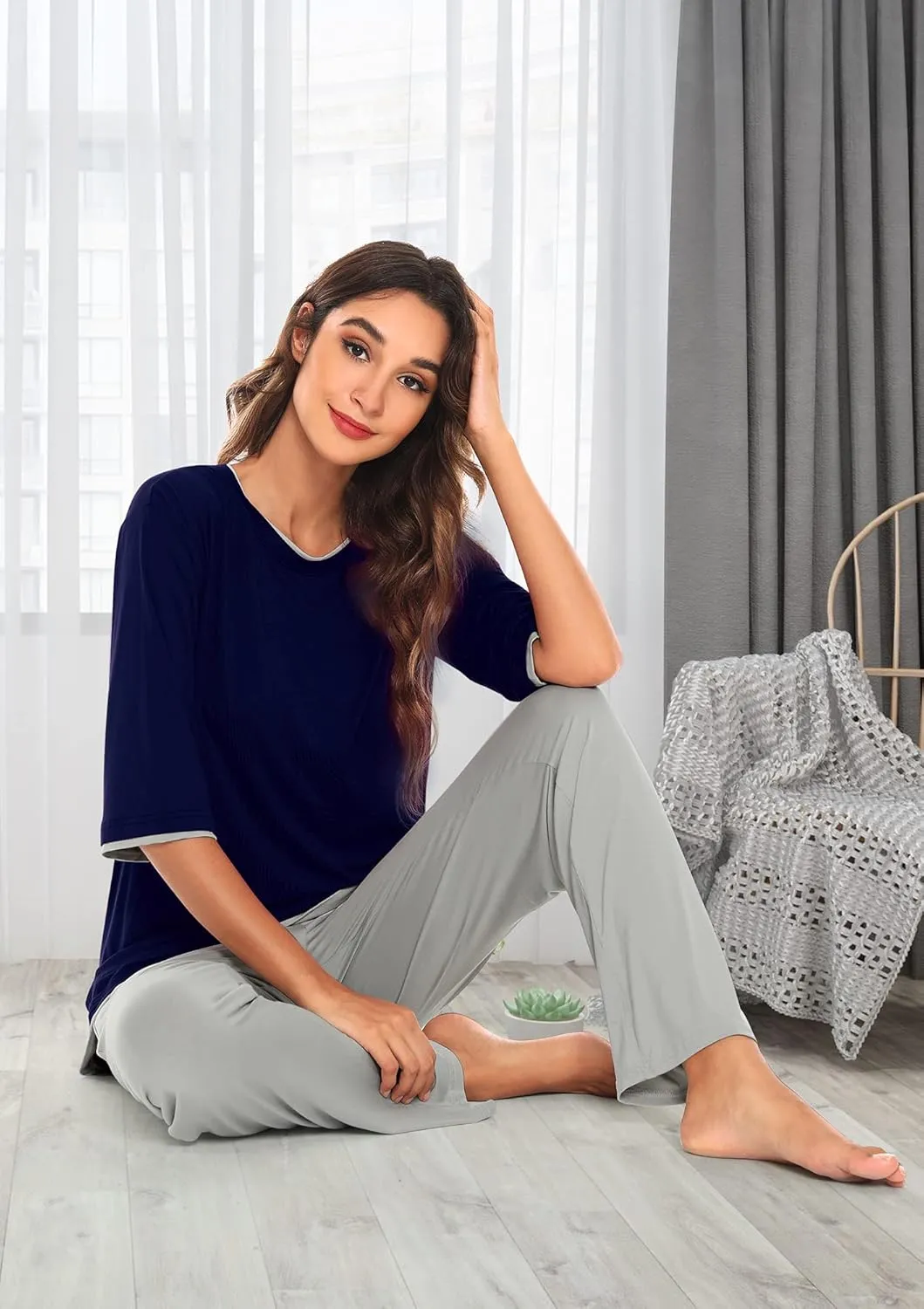 WiWi Womens 3/4 Sleeve Pajamas Set Soft Bamboo Viscose Top with Pants Sleepwear Plus Size Lightweight Pjs S-4X