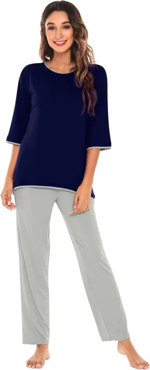 WiWi Womens 3/4 Sleeve Pajamas Set Soft Bamboo Viscose Top with Pants Sleepwear Plus Size Lightweight Pjs S-4X