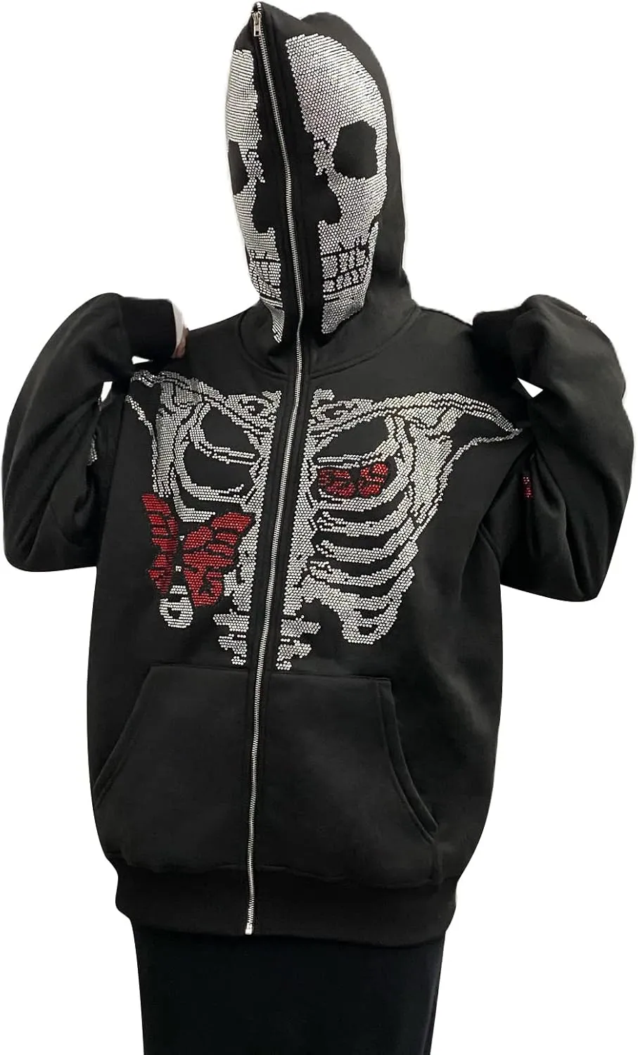 Women Men Zip Up Oversize Hoodie Gothic Skeleton Butterfly Rhinestones Graphic Sweatshirt Jacket Pullover Cardigan Streetwear