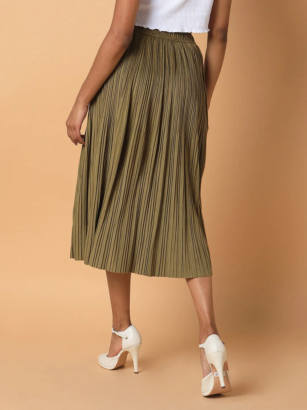 Women Olive Pleated Flared Midi Skirts