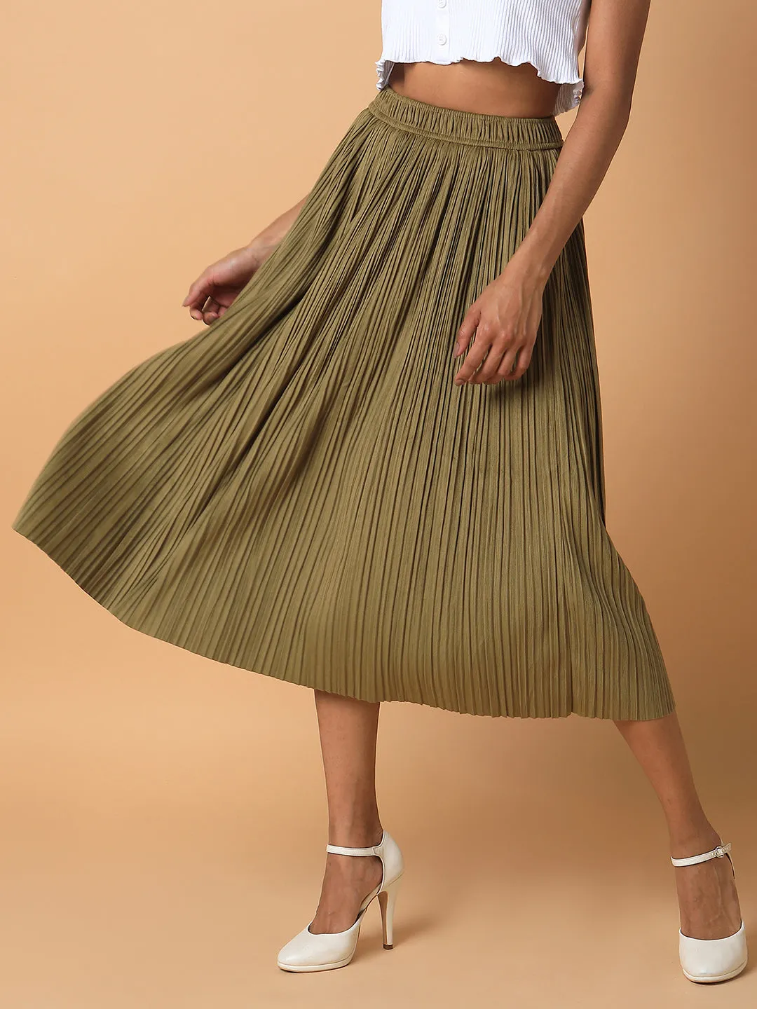 Women Olive Pleated Flared Midi Skirts