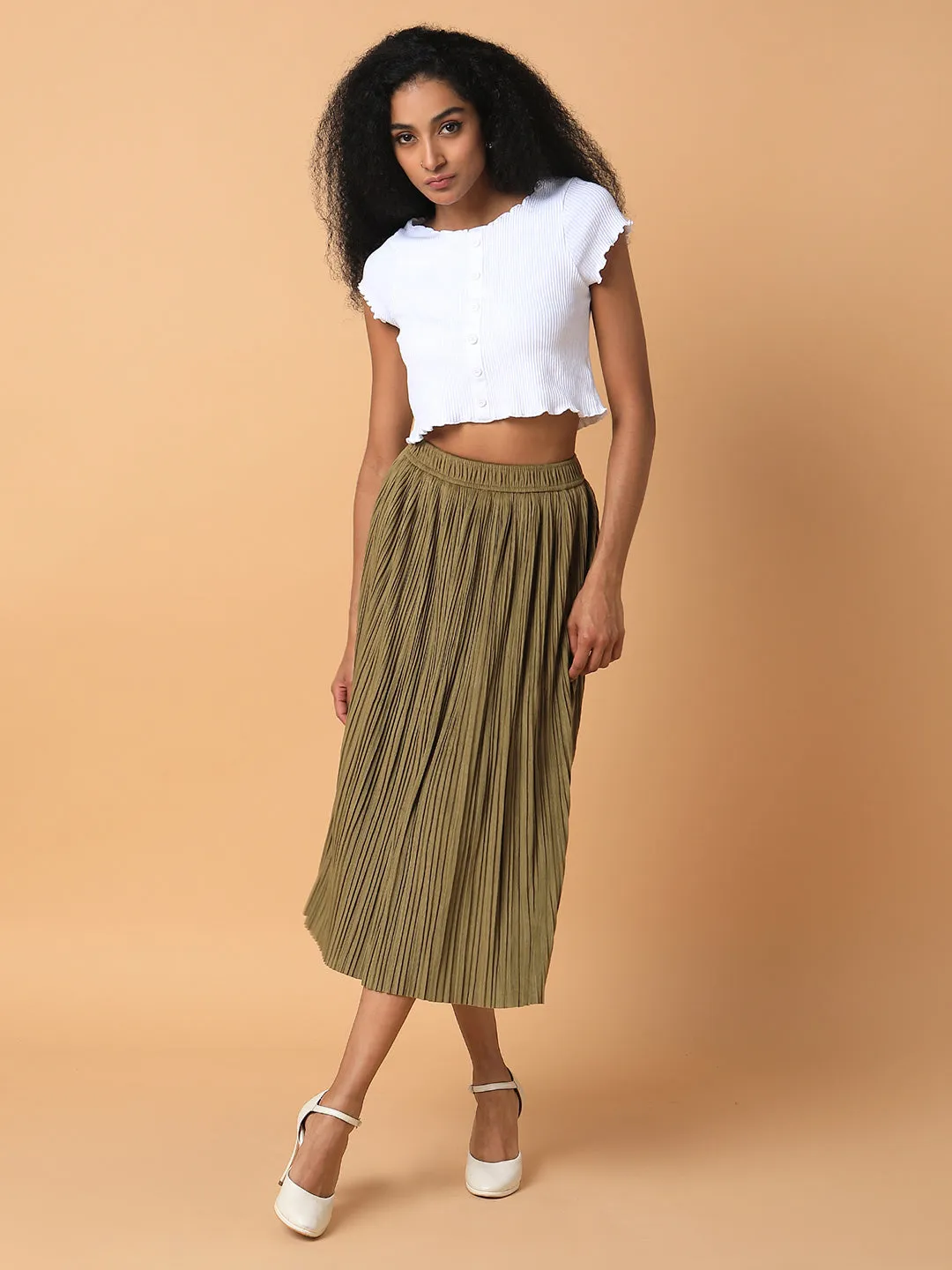 Women Olive Pleated Flared Midi Skirts