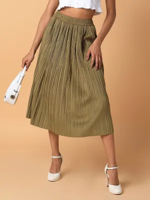 Women Olive Pleated Flared Midi Skirts