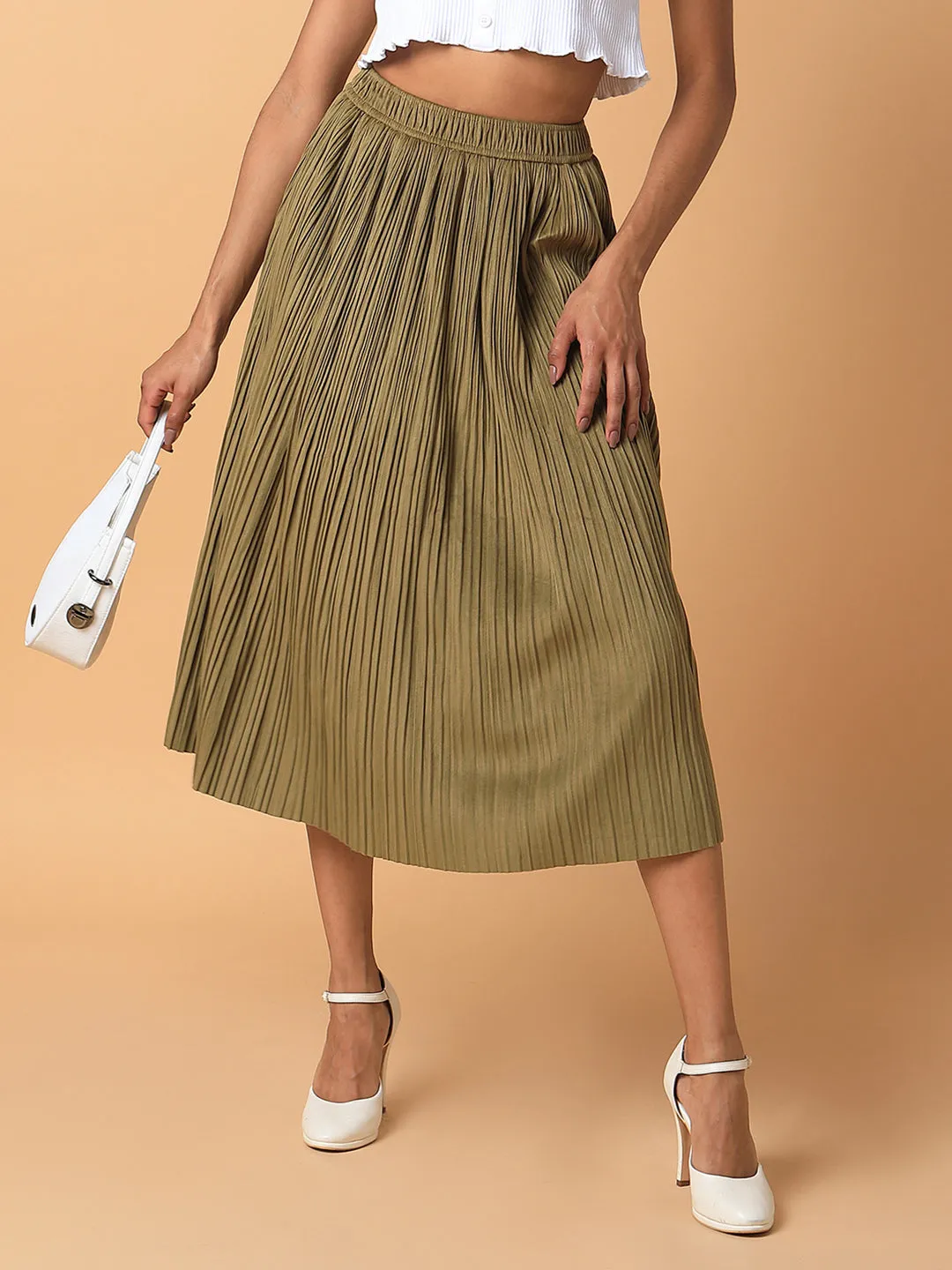 Women Olive Pleated Flared Midi Skirts