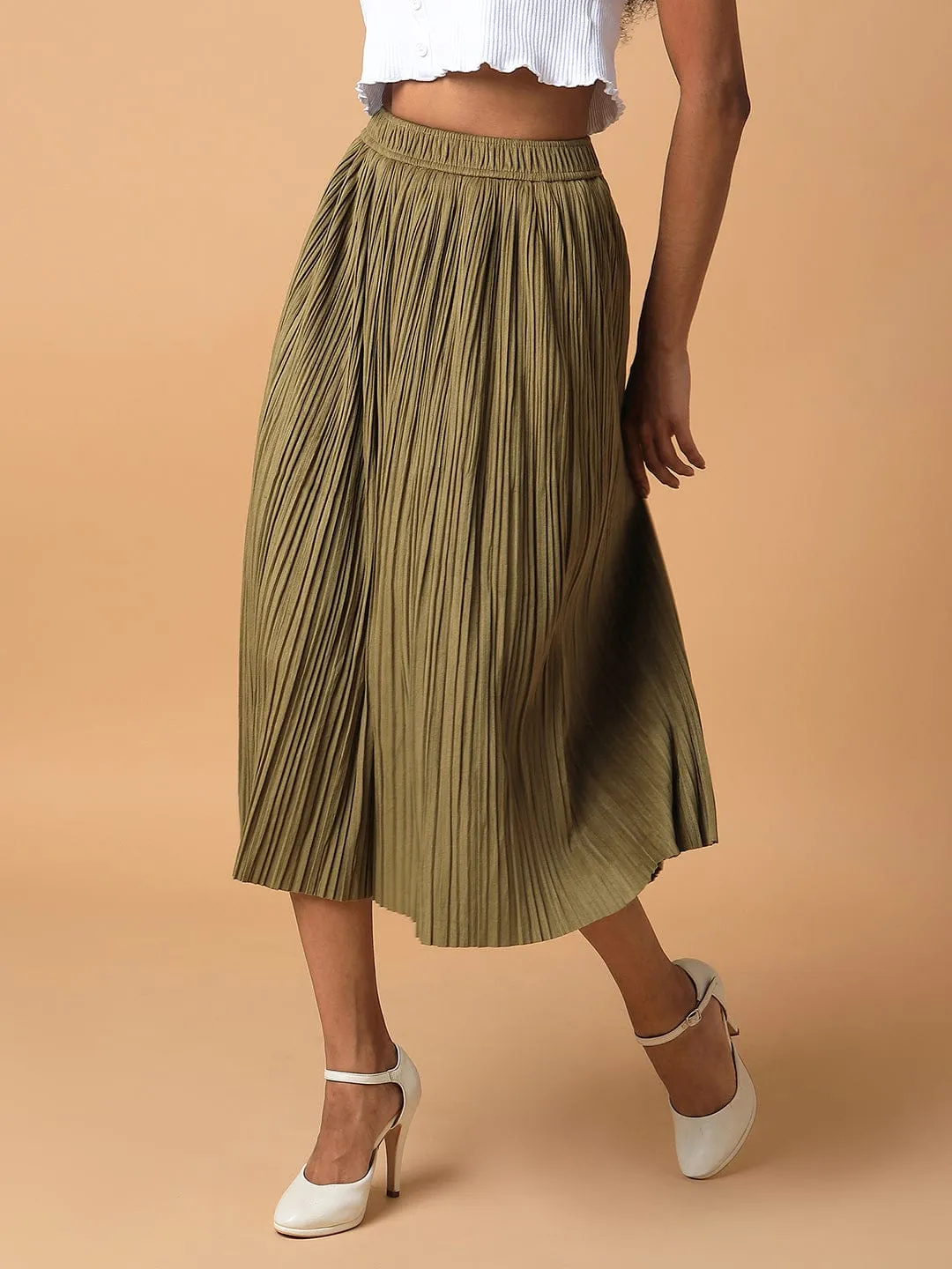 Women Olive Pleated Flared Midi Skirts