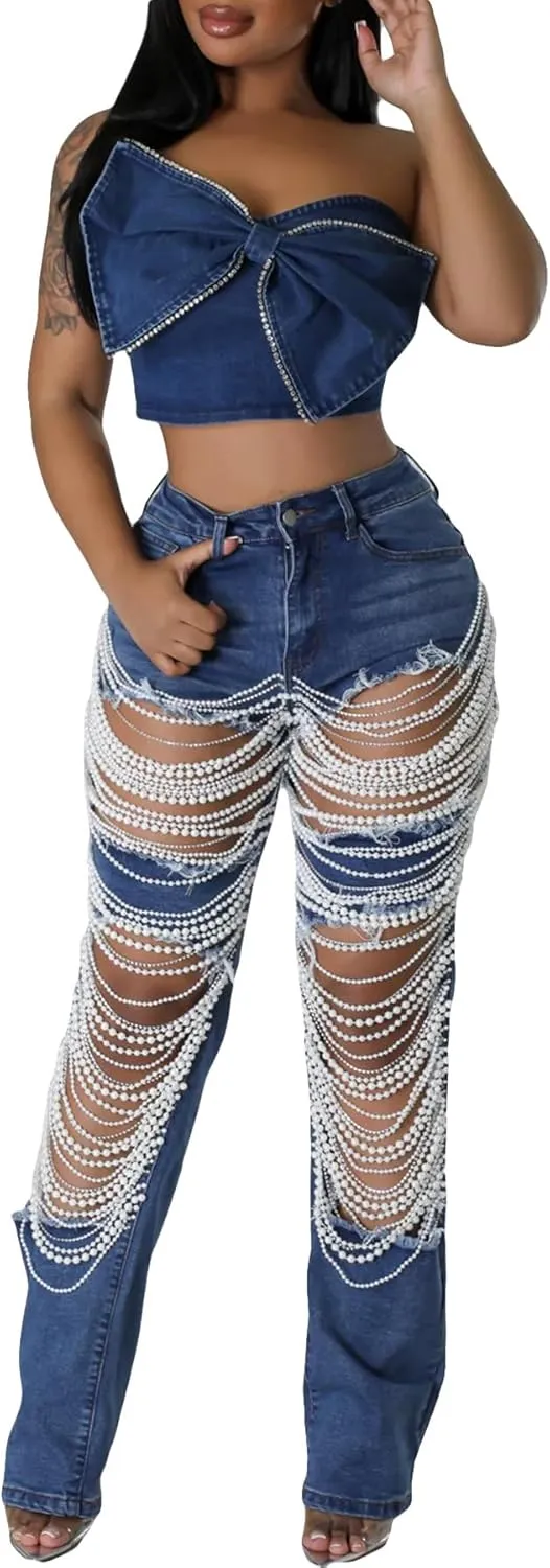 Women Sexy Rhinestone Ripped Jeans High Waist Cutout Pearl Chains Straight Wide Leg Denim Pants for Party Club Night