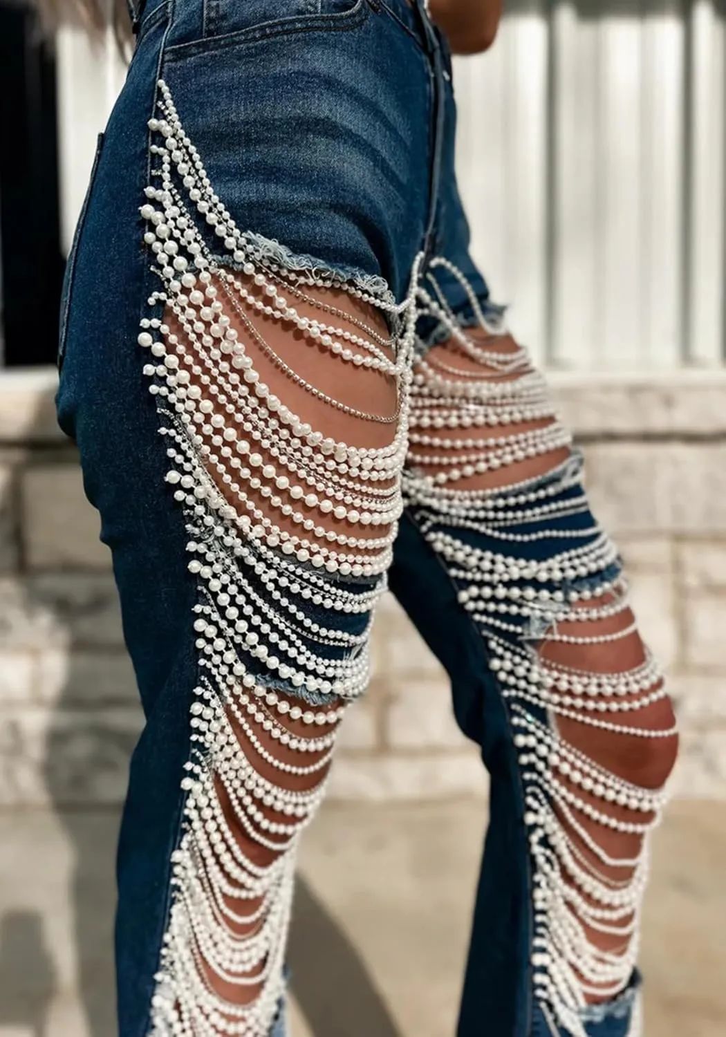 Women Sexy Rhinestone Ripped Jeans High Waist Cutout Pearl Chains Straight Wide Leg Denim Pants for Party Club Night