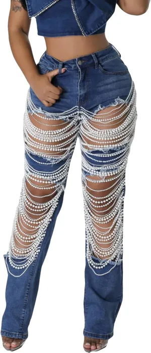 Women Sexy Rhinestone Ripped Jeans High Waist Cutout Pearl Chains Straight Wide Leg Denim Pants for Party Club Night