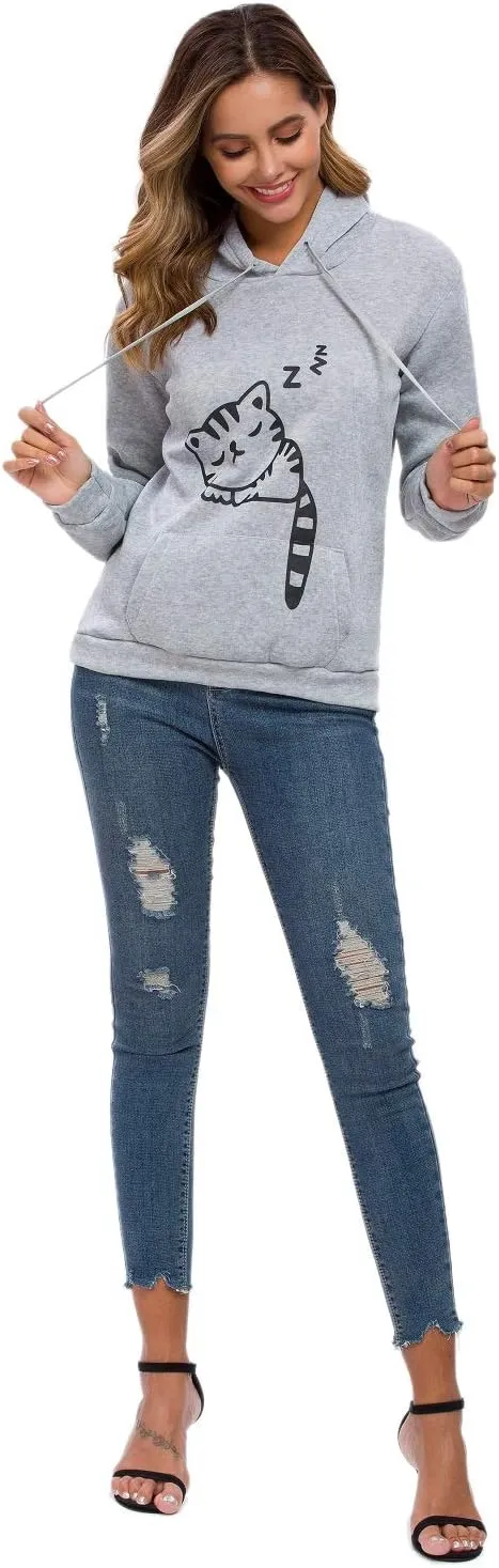 Women Teen Girls Hoodie Sweatshirt With Cute Cat Ear and Sleeping Cat Printed Pullover