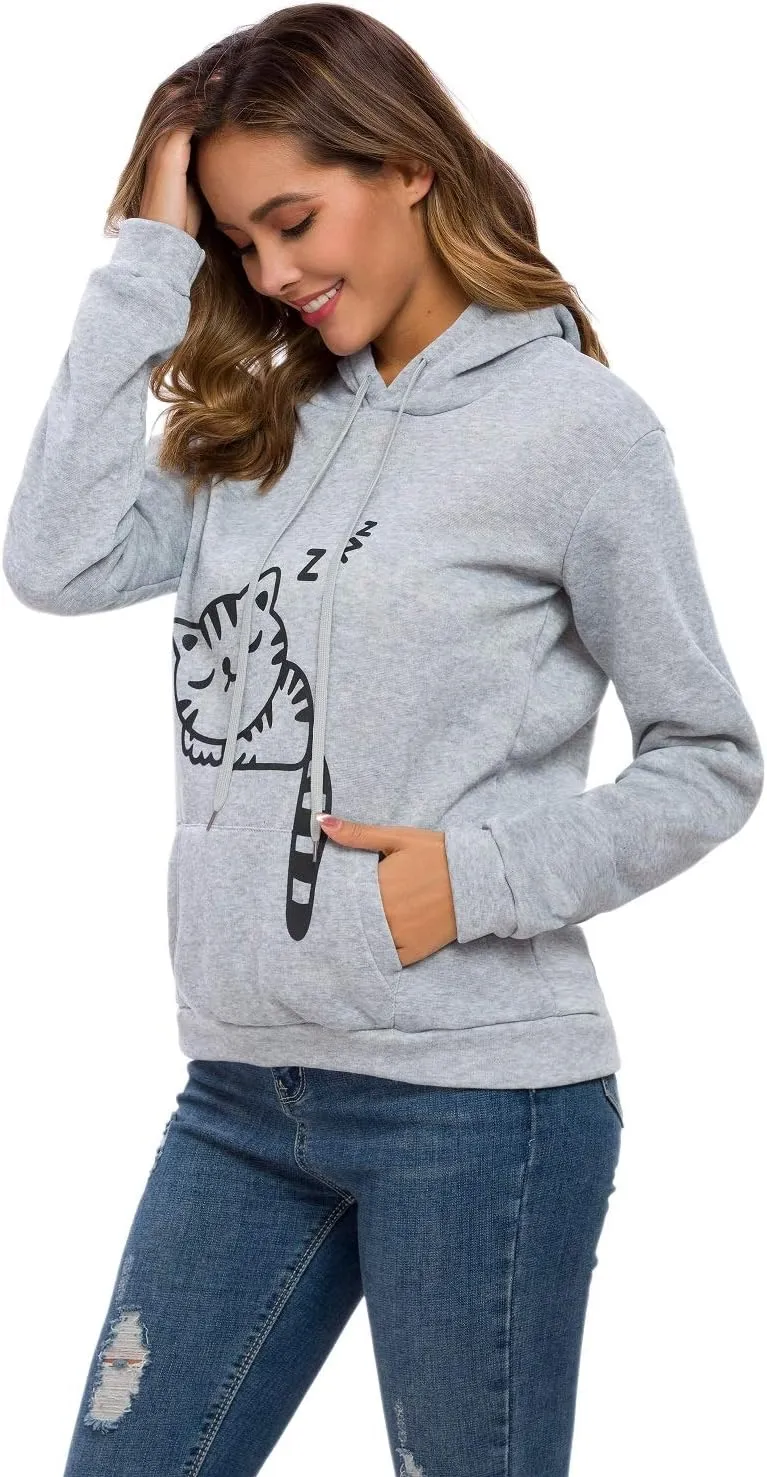 Women Teen Girls Hoodie Sweatshirt With Cute Cat Ear and Sleeping Cat Printed Pullover