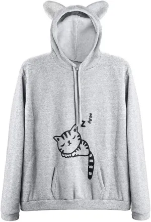 Women Teen Girls Hoodie Sweatshirt With Cute Cat Ear and Sleeping Cat Printed Pullover