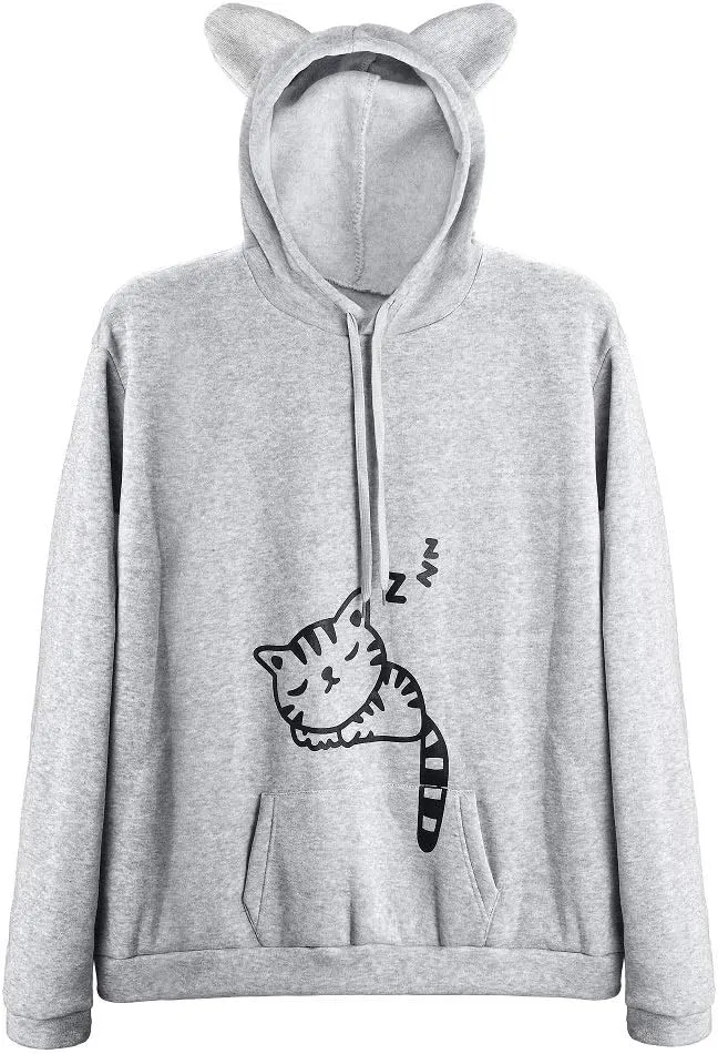 Women Teen Girls Hoodie Sweatshirt With Cute Cat Ear and Sleeping Cat Printed Pullover