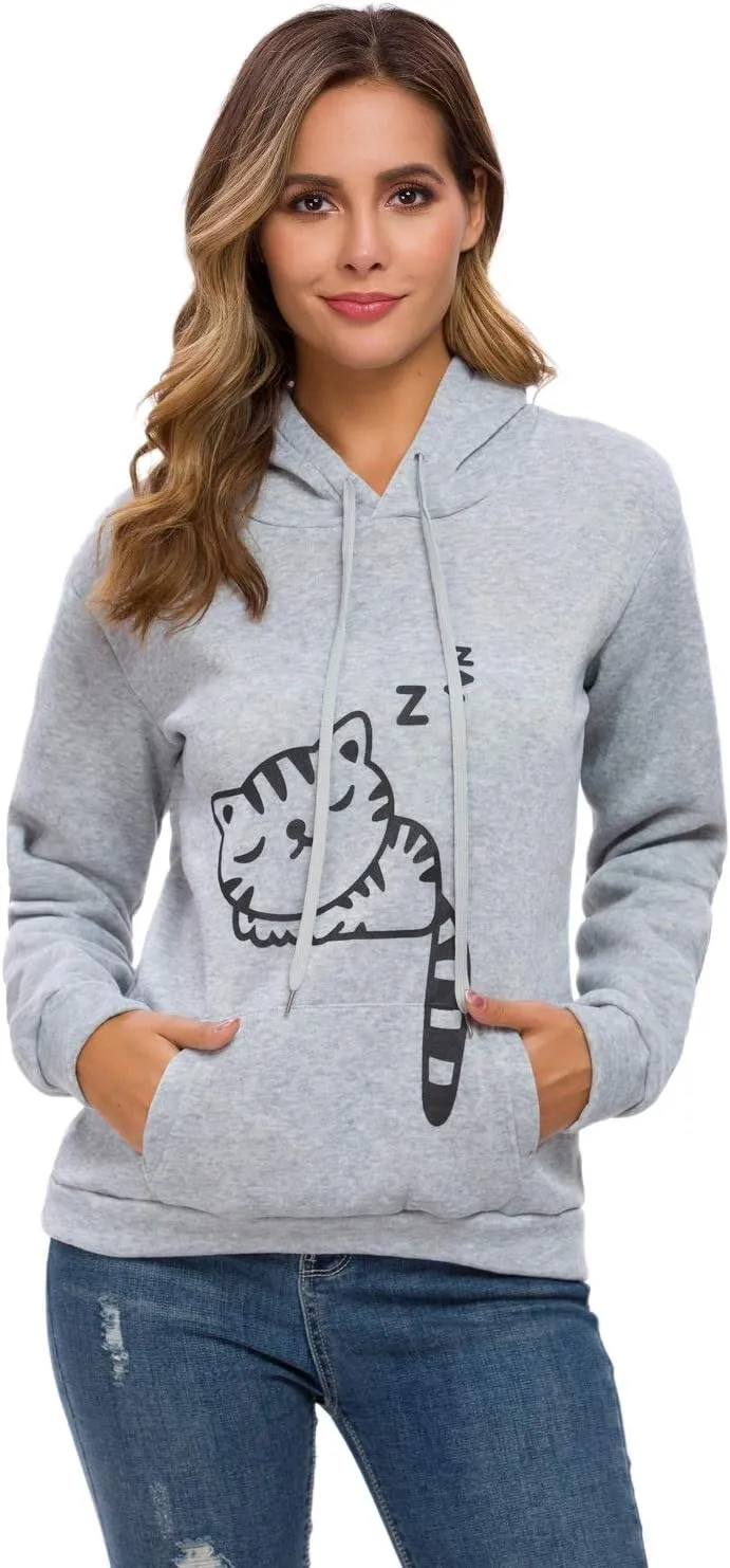 Women Teen Girls Hoodie Sweatshirt With Cute Cat Ear and Sleeping Cat Printed Pullover