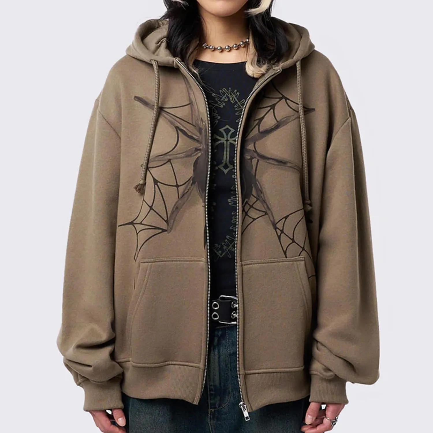 Women Zip Up Hoodie Y2k Vintage Graphic Oversized Sweatshirt Long Sleeve Goth Jacket Harajuku Streetwear