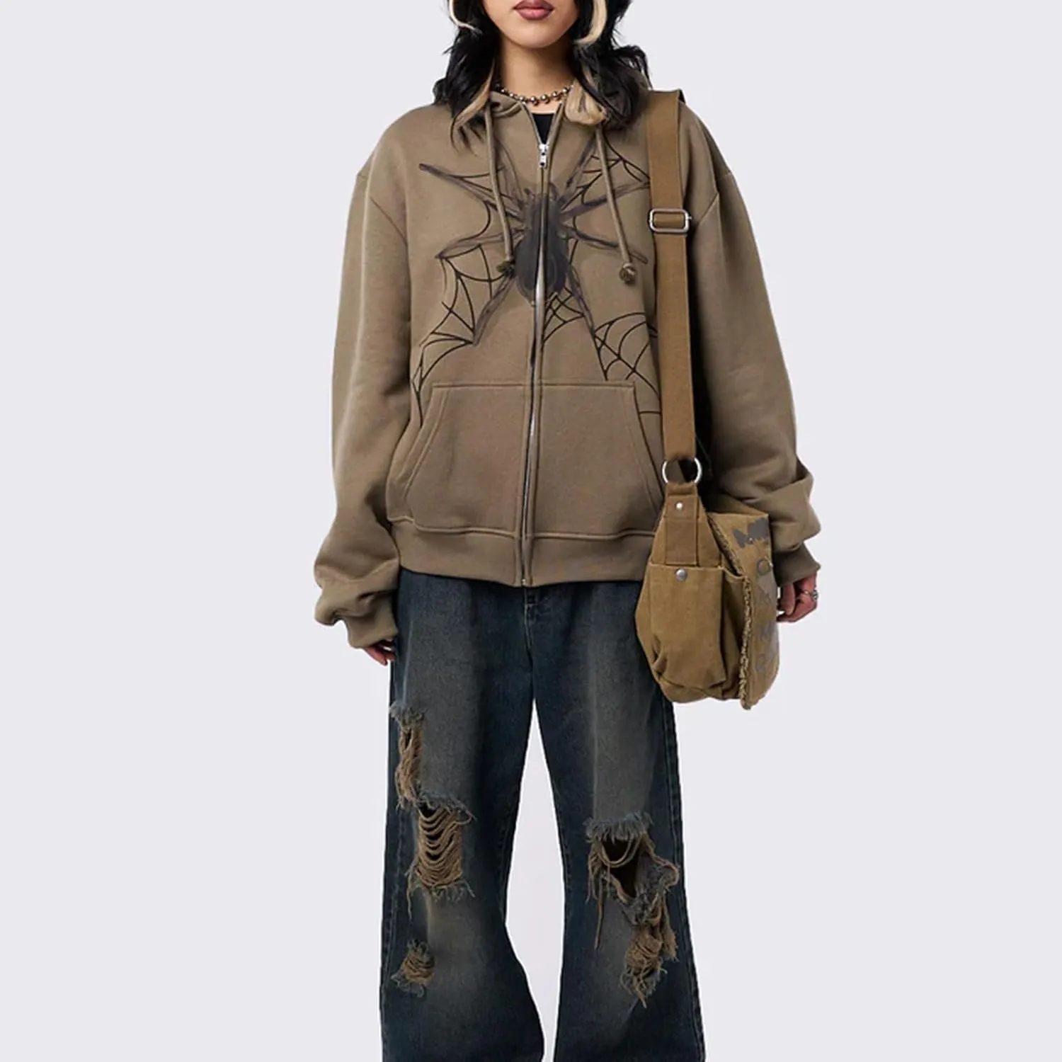 Women Zip Up Hoodie Y2k Vintage Graphic Oversized Sweatshirt Long Sleeve Goth Jacket Harajuku Streetwear