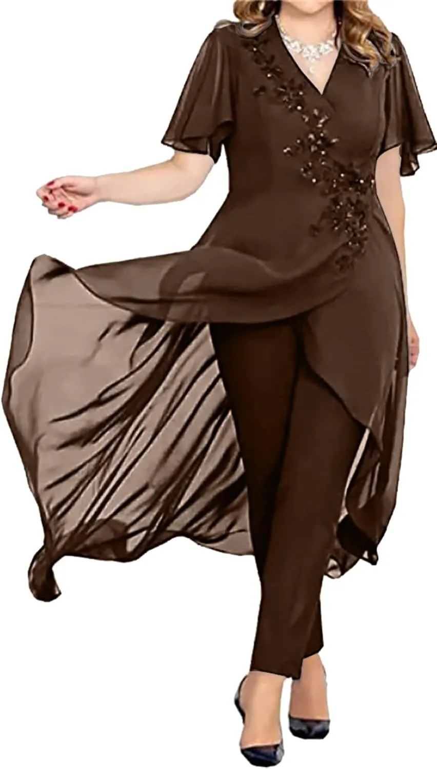 Women's Chiffon Mother of The Bride Dress 2 Pieces Pants Suits V Neck Mother of Groom Pantsuits for Wedding