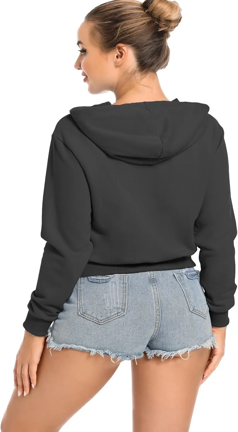 Women's Cropped Zip Up Hoodie Casual Long Sleeve Workout Hooded Sweatshirt Coat
