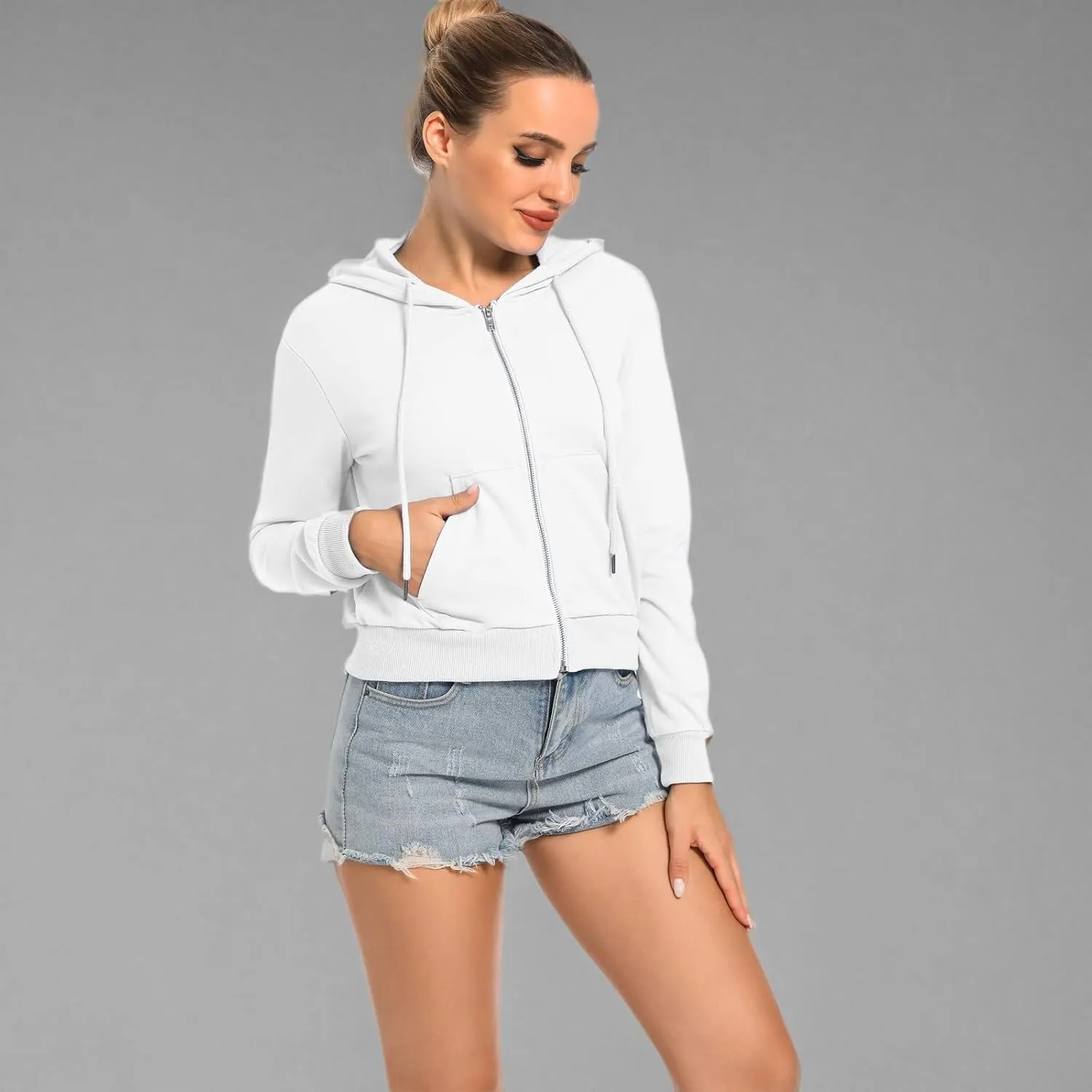 Women's Cropped Zip Up Hoodie Casual Long Sleeve Workout Hooded Sweatshirt Coat