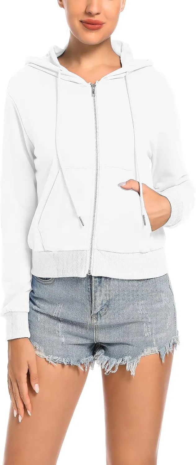 Women's Cropped Zip Up Hoodie Casual Long Sleeve Workout Hooded Sweatshirt Coat