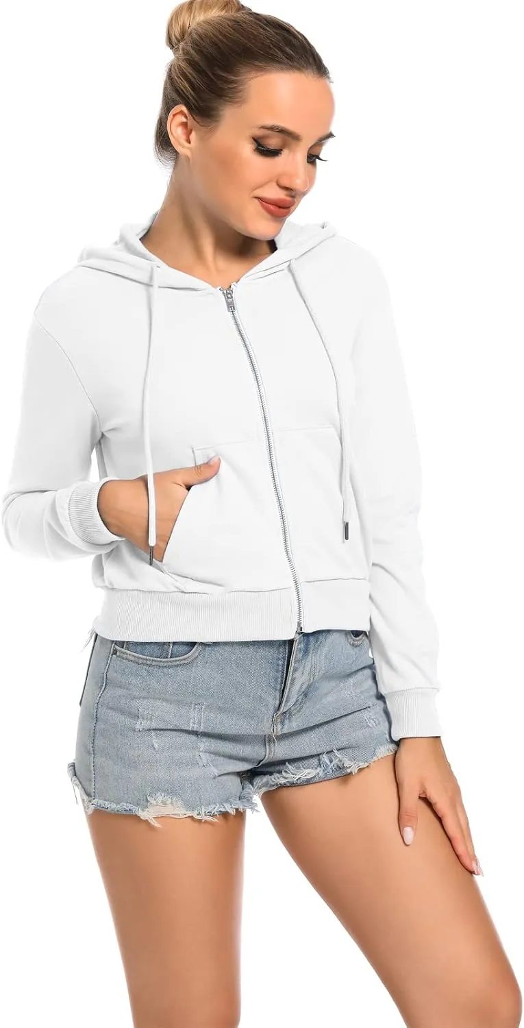 Women's Cropped Zip Up Hoodie Casual Long Sleeve Workout Hooded Sweatshirt Coat
