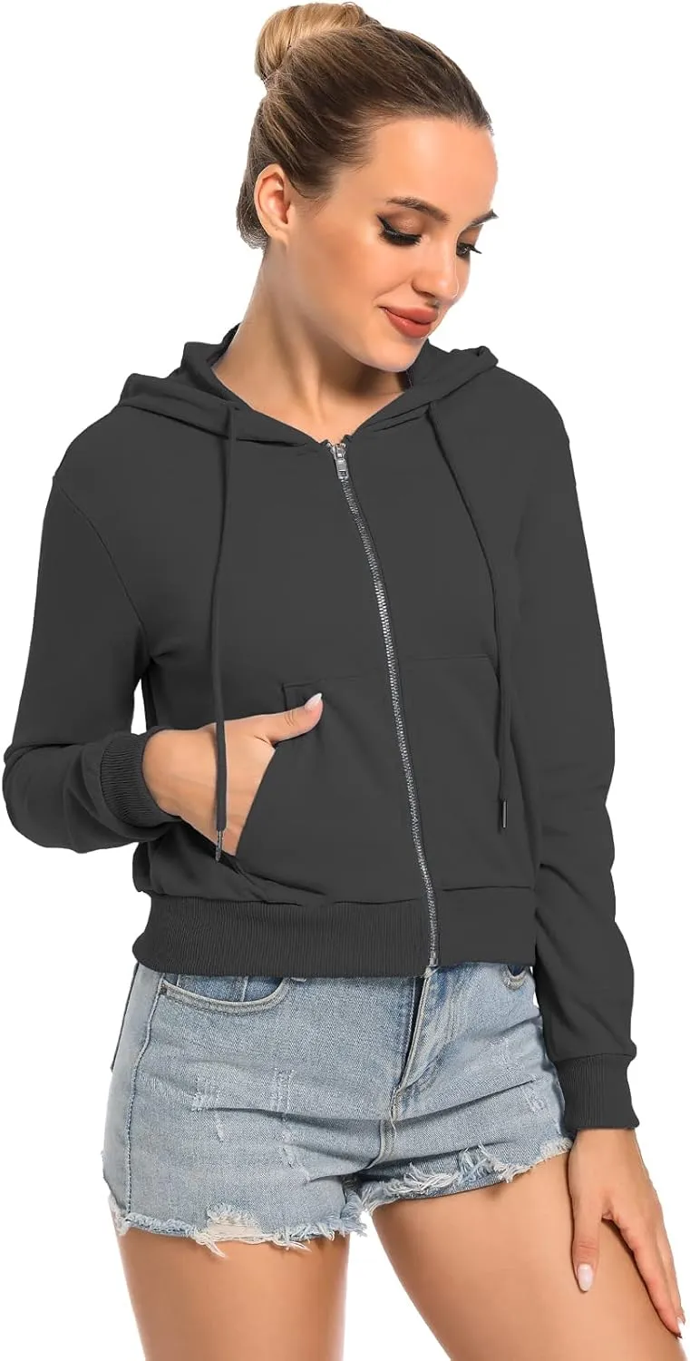 Women's Cropped Zip Up Hoodie Casual Long Sleeve Workout Hooded Sweatshirt Coat