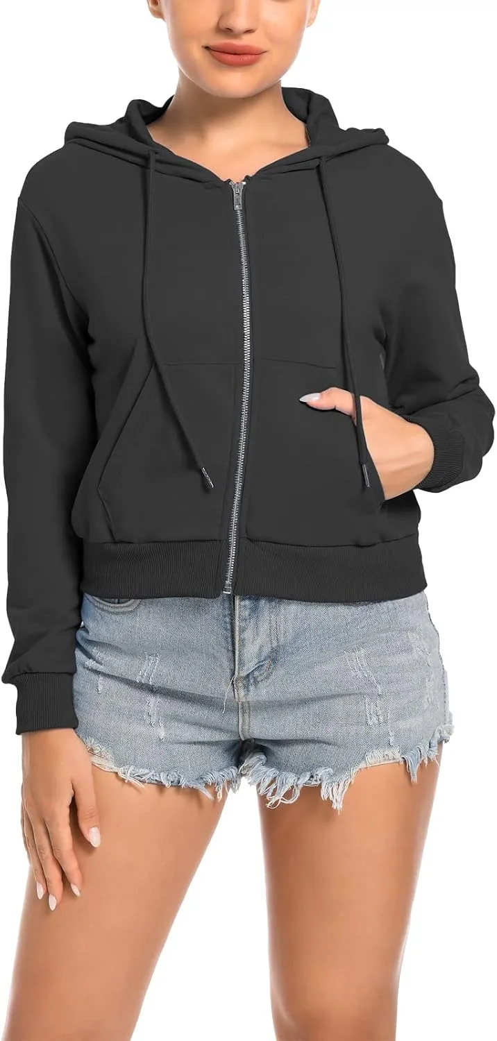 Women's Cropped Zip Up Hoodie Casual Long Sleeve Workout Hooded Sweatshirt Coat